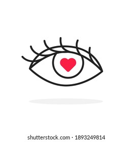 ojo de línea delgada con corazón rojo dentro. elemento de diseño de arte gráfico de tipo simple y llano aislado en fondo blanco. concepto de persona emocionada o enamorada