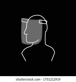 Thin line face shield vector on black background. Coronavirus eye and mouth protection icon. COVID-19 disinfection tools on street. 