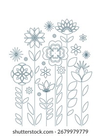 Fina linha de flores extravagantes. Conceito moderno plano para cartão, impressão ou cartaz. Design vetorial. 