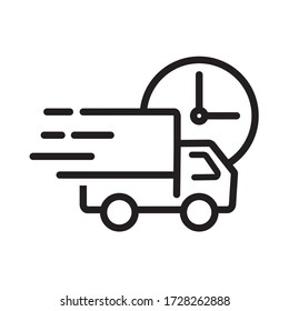 Thin Line Fast Delivery Truck Icon On White Background.