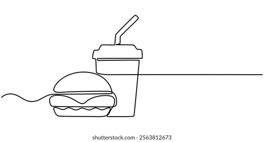 Thin Line Fast Food Icon. Soda And Hamburger, Burger and soda takeout food in continuous line art drawing style. Fast-food minimalist black linear sketch isolated on white background. Pro Vector. 