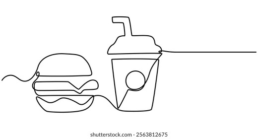 Thin Line Fast Food Icon. Soda And Hamburger, Burger and soda takeout food in continuous line art drawing style. Fast-food minimalist black linear sketch isolated on white background. Pro Vector. 