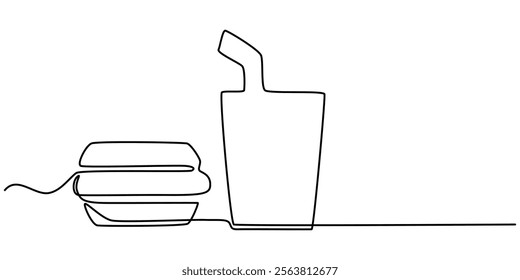 Thin Line Fast Food Icon. Soda And Hamburger, Burger and soda takeout food in continuous line art drawing style. Fast-food minimalist black linear sketch isolated on white background. Pro Vector. 