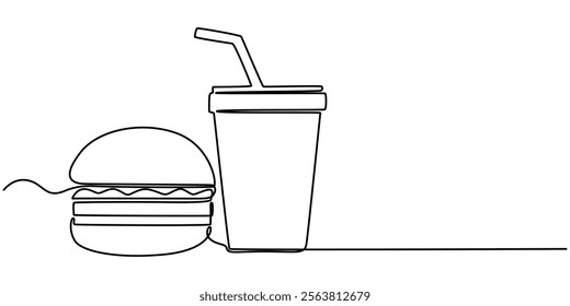 Thin Line Fast Food Icon. Soda And Hamburger, Burger and soda takeout food in continuous line art drawing style. Fast-food minimalist black linear sketch isolated on white background. Pro Vector. 