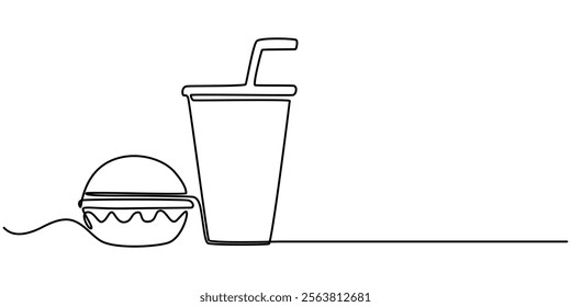 Thin Line Fast Food Icon. Soda And Hamburger, Burger and soda takeout food in continuous line art drawing style. Fast-food minimalist black linear sketch isolated on white background. Pro Vector. 