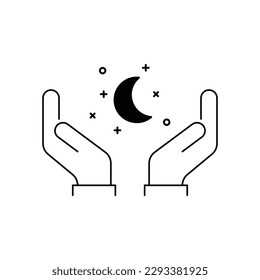 thin line female hands with stars and moon. flat lineart style trend modern logotype graphic stroke simple design element isolated on white background. concept of linear fashion or gothic label badge
