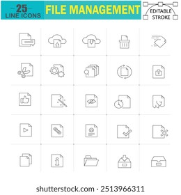 Thin Line File Management Icons Set - 25 Editable Stroke Icons for Data Organization and File Handling in Websites and Mobile Apps.