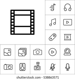 thin line filmstrip video icon on white background, multimedia icons set