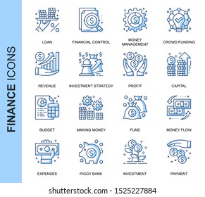 Thin Line Finance Related Vector Icons Set for Website and Mobile Site and Apps. Outline icons design. Contains such Icons as Crowd Funding, Money, Investment Strategy and more. Linear Pictogram Pack.