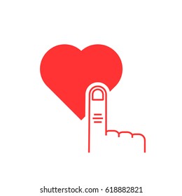 thin line finger presses on red heart button. concept of simple mark of messages as liked multimedia or find friends. flat and linear style trend modern logotype graphic art design on white background