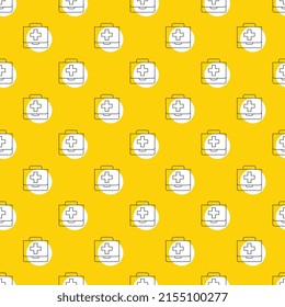 Thin line First Aid Kit icons on a yellow background in seamless pattern. Abstract business illustration with repeated elements. Vector background EPS 10