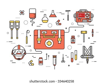 Thin line first medical aid modern illustration concept. Infographic way from medicine chest to equpment. Icons on isolated white background. Flat vector template design for web and mobile application