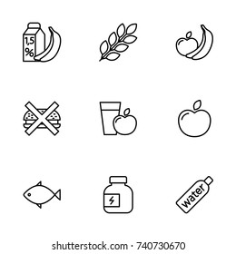 thin line fitness nutrition, low-calorie food icons set on white background