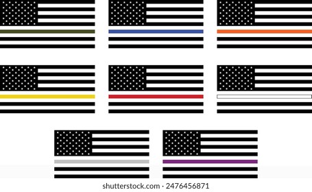 Thin Line Flags with Transparent Stars and Stripes Bundle. Military, Law Enforcement, Search and Rescue, Dispatchers, Firefighters, Emergency Medical Services, Security Guards, Corrections Officers