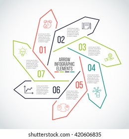 Thin line flat arrows for infographic. Template for diagram, graph, presentation and chart. Business concept with 7 options, parts, steps or processes. Data visualization.