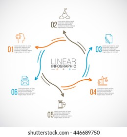 Thin line flat arrows for infographic. Template for diagram, graph, presentation and chart. Business concept with 6 options, parts, steps or processes. Data visualization.