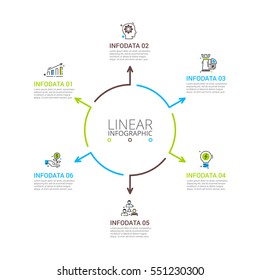 Thin line flat arrows for infographic. Template for diagram, graph, presentation and chart. Business concept with 6 options, parts, steps or processes. Stroke icons.