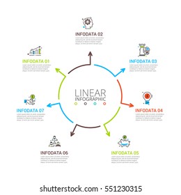 Thin line flat arrows for infographic. Template for diagram, graph, presentation and chart. Business concept with 7 options, parts, steps or processes. Stroke icons.