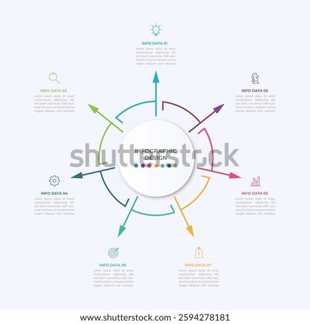 Thin line flat arrows for infographic. Template for diagram, graph, presentation and chart. Business concept with 7 options, parts, steps or processes. Stroke icons