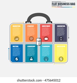 Thin line flat business bag infographic elements vector template. Can be used for workflow, business concept with 8 options, steps or processes, number options, diagram, chart, data visualization.