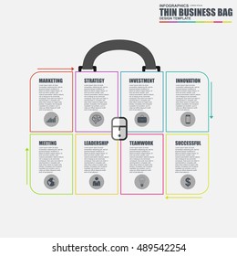 Thin line flat business bag infographic elements vector template. Can be used for workflow, business concept with 8 options, steps or processes, number options, diagram, chart, data visualization.