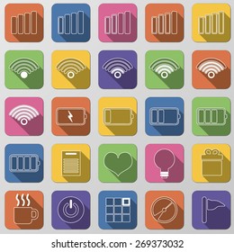 Thin line flat business web icons & symbols. Set of isolated colorful buttons with shadows. Vector illustration