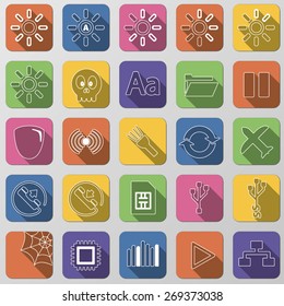 Thin line flat business web icons & symbols. Set of isolated colorful buttons with shadows. Vector illustration