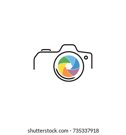 Thin line, flat camera icon on white background