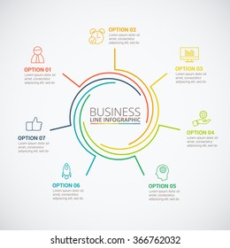 Thin line flat circle for infographic. Template for cycle diagram, graph, presentation and round chart. Business concept with 7 options, parts, steps or processes. Data visualization.