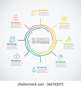 Thin line flat circle for infographic. Template for cycle diagram, graph, presentation and round chart. Business concept with 8 options, parts, steps or processes. Data visualization.