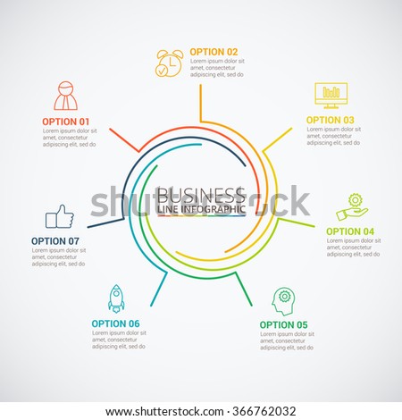 Thin line flat circle for infographic. Template for cycle diagram, graph, presentation and round chart. Business concept with 7 options, parts, steps or processes. Data visualization.