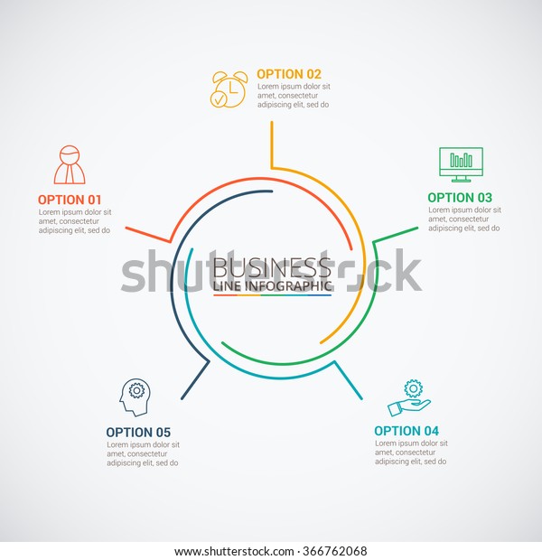 Thin line flat circle for infographic.\
Template for cycle diagram, graph, presentation and round chart.\
Business concept with 5 options, parts, steps or processes. Data\
visualization.