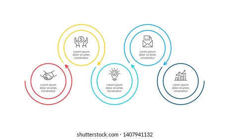 Thin line flat circles for infographic. Template for diagram, graph, presentation and chart. Business concept with 5 options, parts, steps or processes.