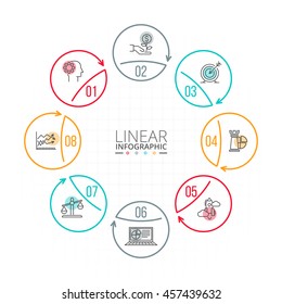 Thin line flat circles for infographic. Template for diagram, graph, presentation and chart. Business concept with 8 options, parts, steps or processes. Data visualization.