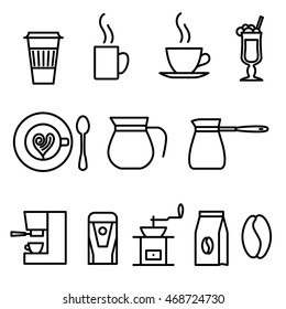 Thin line flat coffee icons set