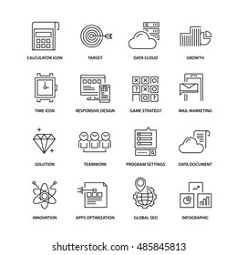 Thin line flat colorful icons pack for web design, user interface, mobile, computer infographic and other projects. 16 monoline elements pack.