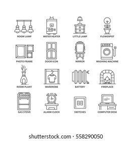Thin line flat conceptual icons. Set of 16 elements on home interior.