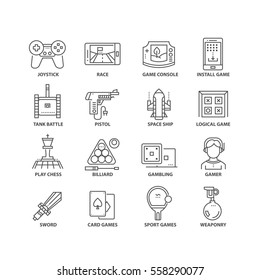 Thin line flat conceptual icons. Set of 16 elements on game development.