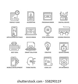 Thin line flat conceptual icons. Set of elements on programming.