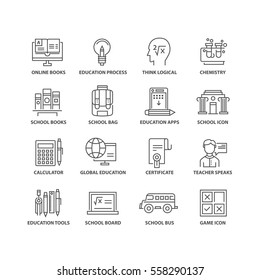 Thin line flat conceptual icons. Set of elements on school and education.