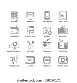 Thin line flat conceptual icons. Set of elements on technology.