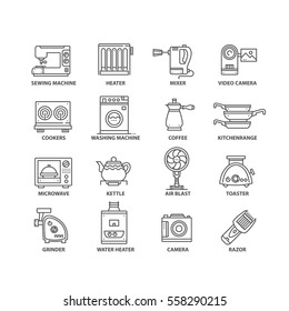 Thin line flat conceptual icons. Set of elements on home appliances and kitchen.