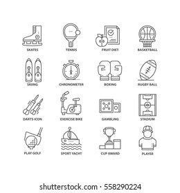 Thin line flat conceptual icons. Set of isolated elements on sport. 