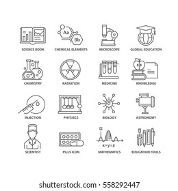 Thin line flat conceptual icons. Set of elements on education.