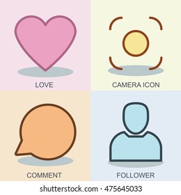 Thin line flat conceptual web icon vector design template. Set for your social media app design project. Contains heart, speech bubble, photo camera, avatar. Can be used love, comment, follower, logo.