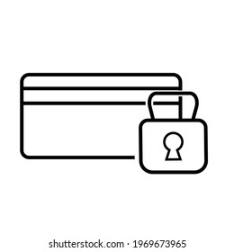 Thin line flat credit card with a lock icon on a white background. Royalty-free.