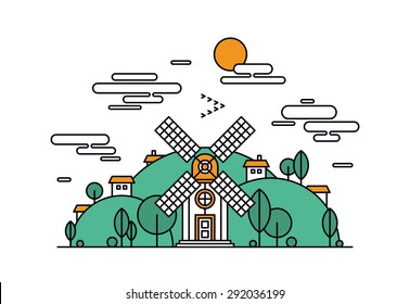 Thin line flat design of abstract beautiful village on the green hills, rural landscape with meadow field, small house and wind mill. Modern vector illustration concept, isolated on white background.