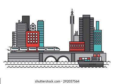 Thin line flat design of abstract existing business city architecture, urban infrastructure for shipping carriage and transportation. Modern vector illustration concept, isolated on white background.