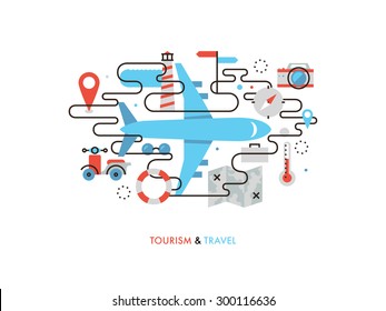 Thin line flat design of airplane travelling, commercial air plane flight journey, tourist vacation trip on airline transportation. Modern vector illustration concept, isolated on white background.