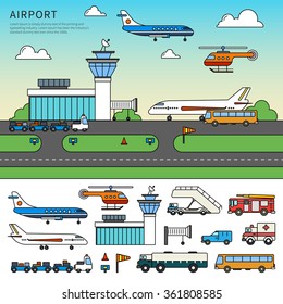 Thin line flat design of the airport ifrastructure. Different types of transport on the airfield, isolated airport equipment, planes and cars on white background
